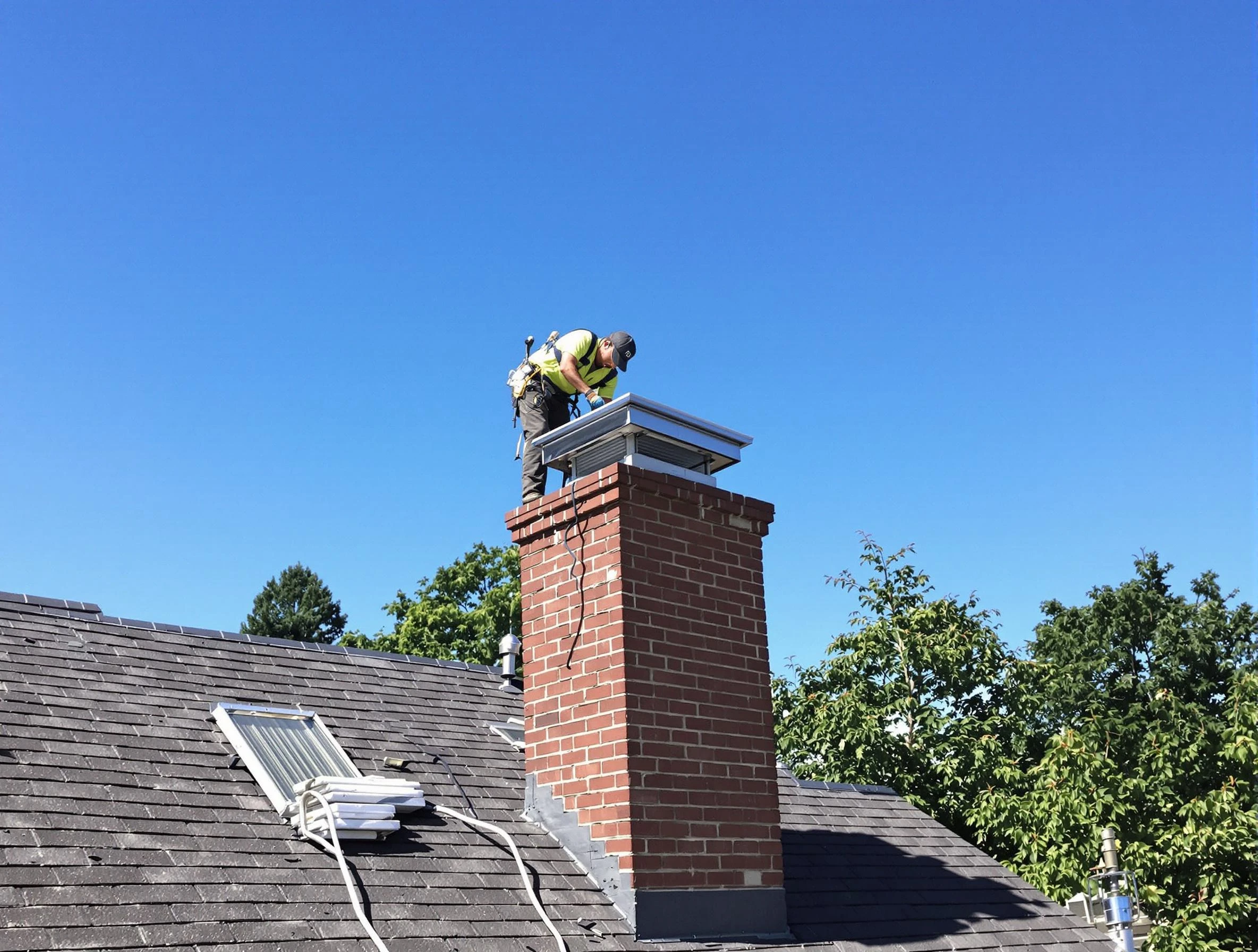 Arvada Chimney Sweep technician measuring a chimney cap in Arvada, CO
